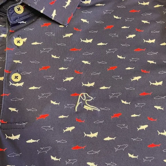 Rhoback Golf Polo Shirt Men's XL All Over Shark Print Navy Blue AOP Performance - Picture 5 of 11